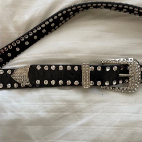 Black Leather Silver Rhinestone Belt Silver Buckle - Picture 2 of 9
